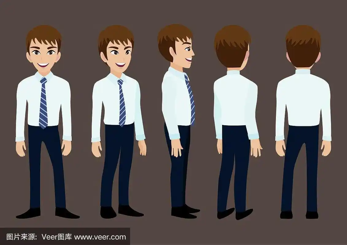 卡通人物与商人西装为动画.正面,侧面,背面,3-4视图字符.