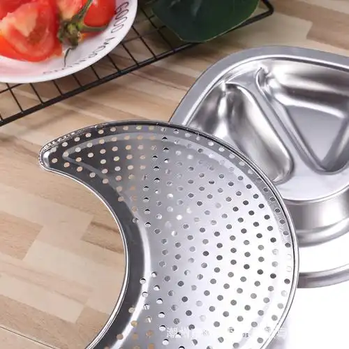 加厚不锈钢饺子盘家用餐厅多用沥水盘自带双蘸料碟分格餐具饺子盘