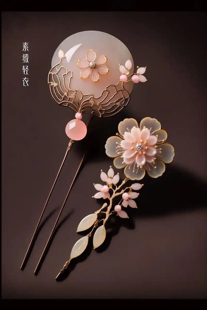 国风汉服—粉色水晶步摇.