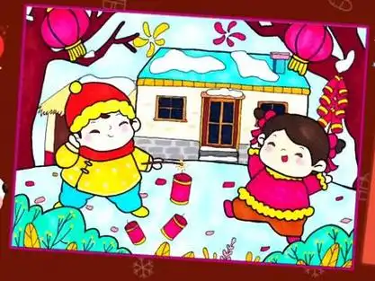 2021牛年新年快乐春节习俗年画放鞭炮涂色简笔画#牛年主题儿童画@抖音