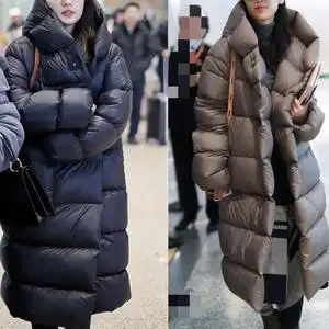 sz eny李沁黄圣依明星同款过膝中长款面包羽绒服白鹅绒连帽外套女