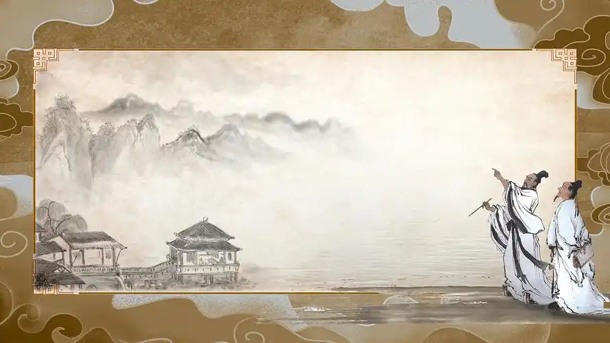 简约古风人物吟诗古代建筑古风边框展板背景素材