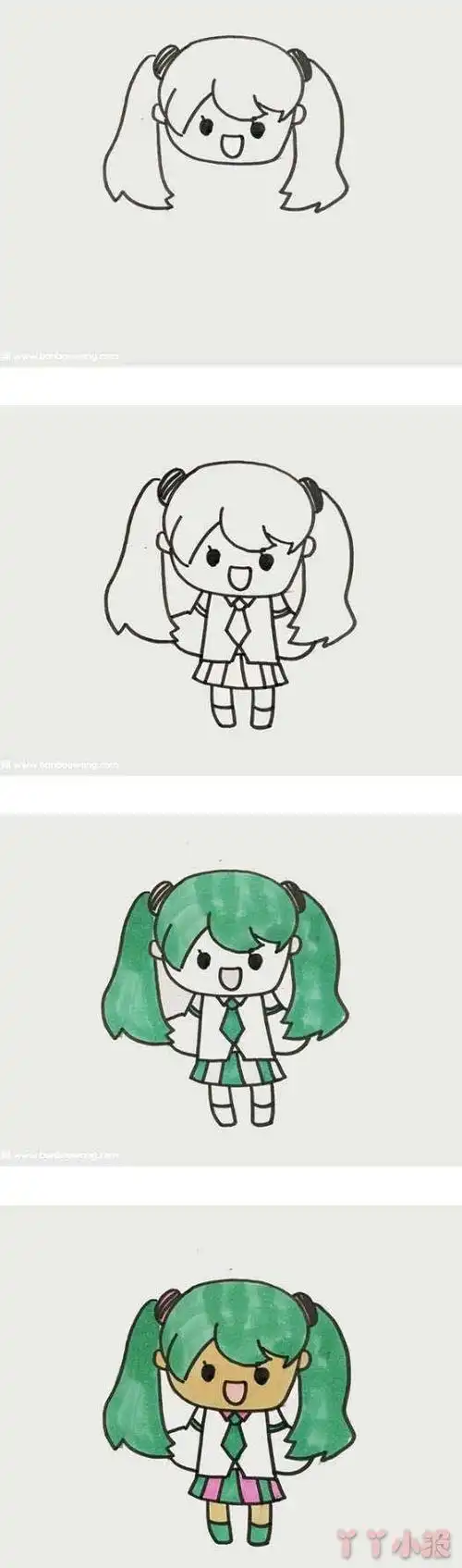 简单初音未来简笔画画法步骤教程涂色