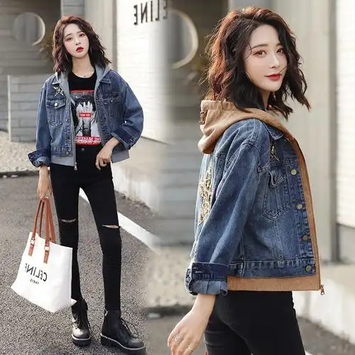 连帽牛仔外套女装2019秋季新款宽松bf小清新学院风短款牛仔上衣潮