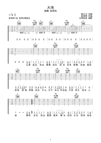 张雨生 大海 吉他谱 a调指法bb调六线吉他谱-虫虫吉他谱免费下载