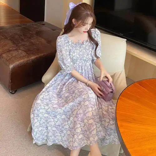 雪纺喇叭袖连衣裙夏装图片