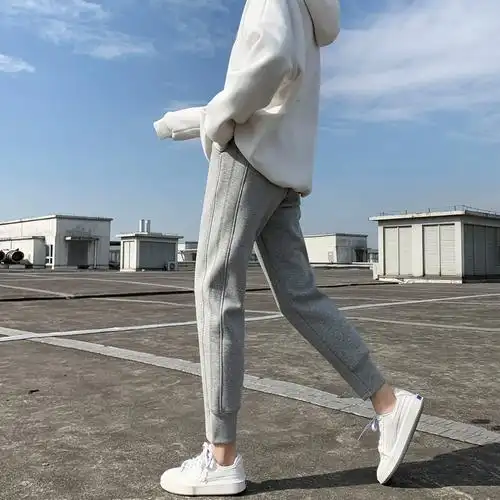 女宽松束脚加绒小个子高腰百搭外穿休闲哈伦卫裤子纯棉灰色运动裤