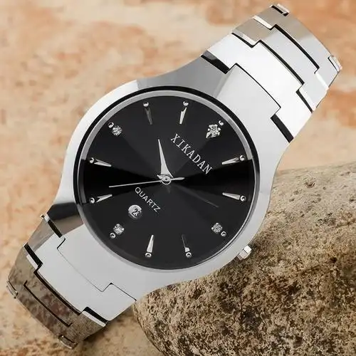 西卡丹 正品 钨钢表日历间金镶钻商务防水条钉钻面高档男士手表 钨钢