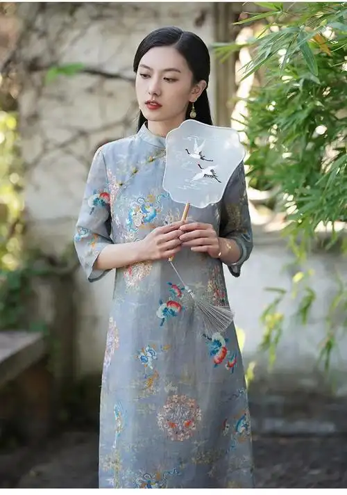 2024苎麻改良旗袍女夏季新款微胖遮肚气质复古显瘦中式棉麻连衣