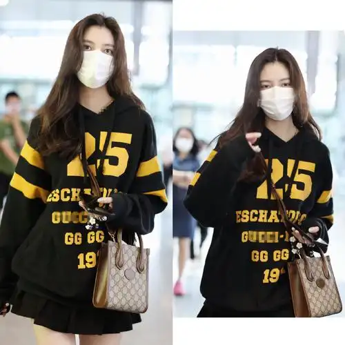 宋妍霏明星同款衣服2021秋冬拼接字母印花连帽卫衣