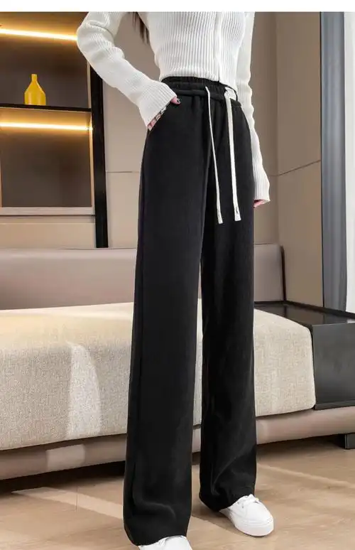 雪尼尔窄版阔腿裤女春秋冬加绒裤子2023新款灯芯绒宽松休闲直筒裤