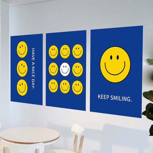 ins简约风装饰奶茶咖啡服装店克莱因蓝背景墙面笑脸玻璃海报贴纸