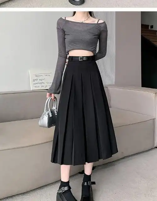 大码纯色西装半身裙女春季百搭中长款裙子胖mm高腰显瘦休闲百褶裙 - 1