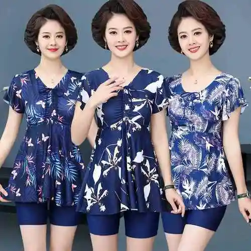 中老年人泳衣女妈妈款分体宽松保守大码泡温泉遮肚胖mm显瘦游泳衣