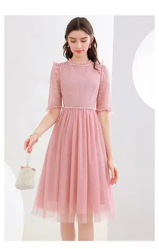 未风蕾丝网纱粉色连衣裙女夏2021年夏季新款高端名媛气质轻奢裙子