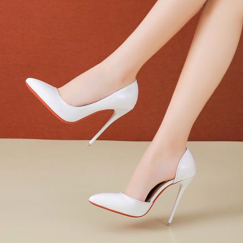 金彩潼星35-45大码 2023新款白色测空高跟鞋漆皮黑色工作职业浅口细