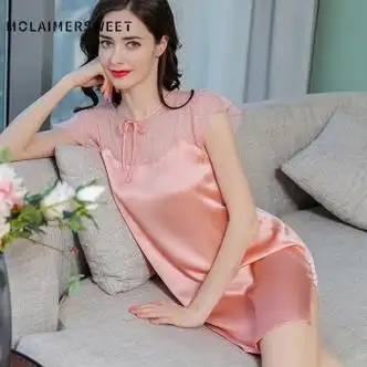 莫拉爱慕甜心molaimersweet性感真丝睡衣女夏季短袖桑蚕丝绸睡裙网纱