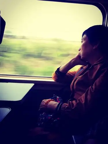 母亲坐在飞驰的列车上看着窗外的风景.我和父亲已经开始呼呼大睡啦.