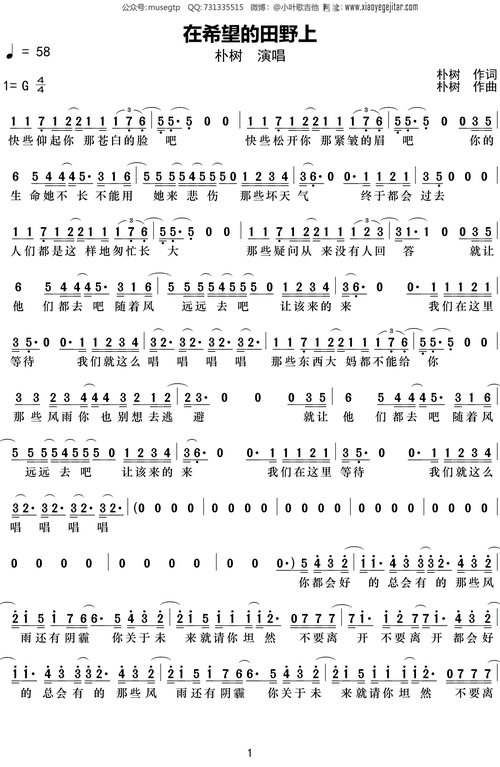 朴树《在希望的田野上》简谱g调钢琴谱单音独奏谱