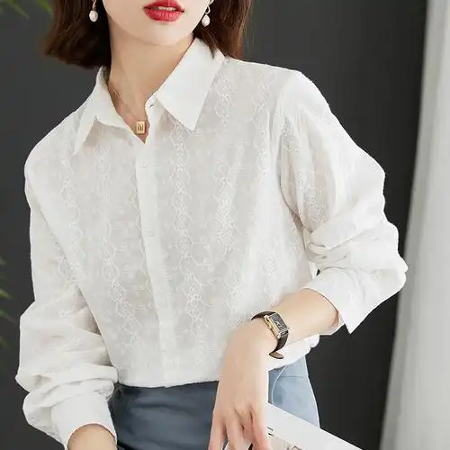 可风各3779衬衫绣花白衬衫女长袖轻熟气质上衣纯棉刺绣衬衣,女装衬衫