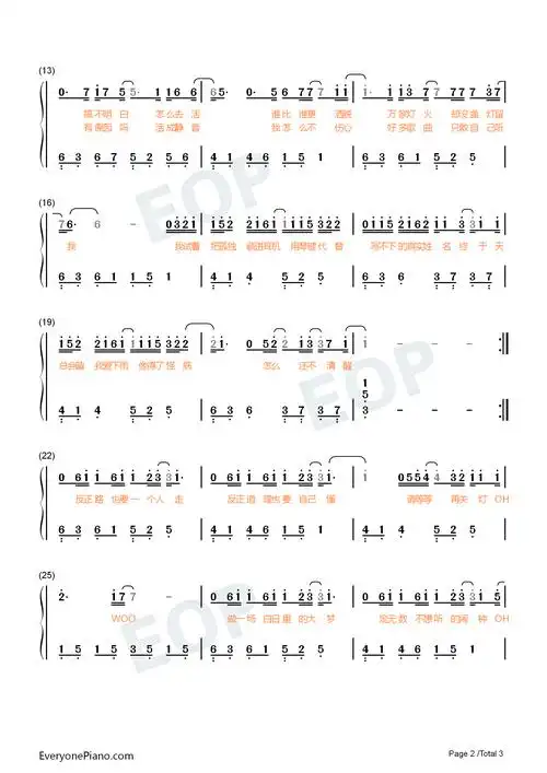 茫-c调简单版-我试着把孤独藏进耳机用琴键代替-抖音热歌双手简谱预览