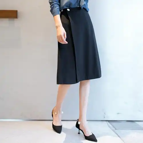 黑色西装半身裙女面试裙过膝裙子正装a字裙通勤半裙中长款职业裙