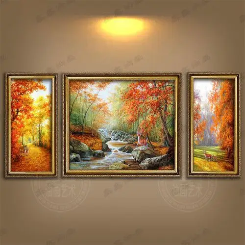 手绘油画风景欧式黄金满地三联组合小鹿客厅沙发背景装饰画有框画