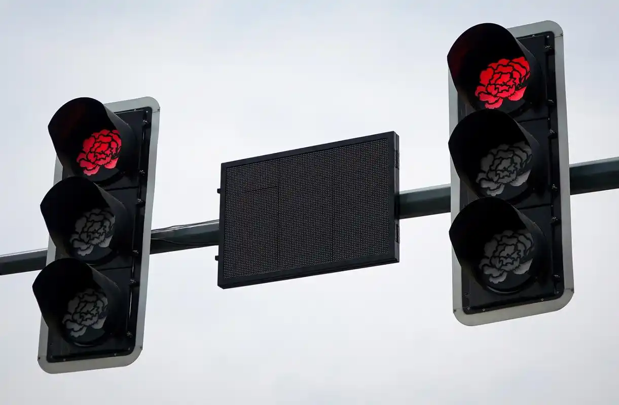 河南洛阳,第39届中国洛阳牡丹文化节开幕之际,部分路口红绿灯变成牡丹