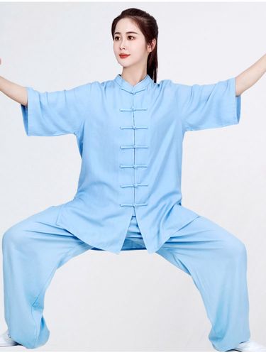 太极服女新款夏季亚麻太极拳棉绸装棉麻薄款高档武术练功 蓝色 男女