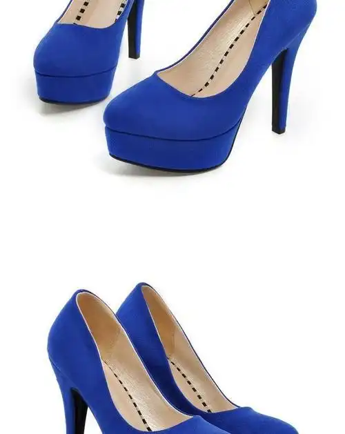 eliauk匹趣【轻奢】潮牌欧美复古性感绒面宝蓝色高跟鞋女圆头浅口防水