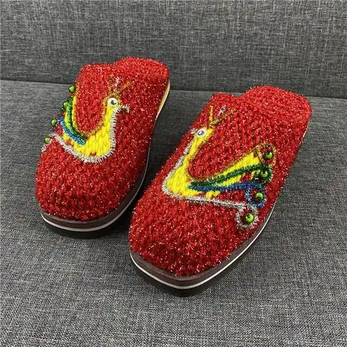 纯手工毛线拖鞋吉祥龙凤/老公老婆/喜字图案花样拖鞋居家婚嫁鞋