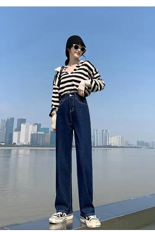 牛仔裤女裤子女显瘦腿新款高腰宽松显瘦2022春款直筒裤欧美深蓝色女士