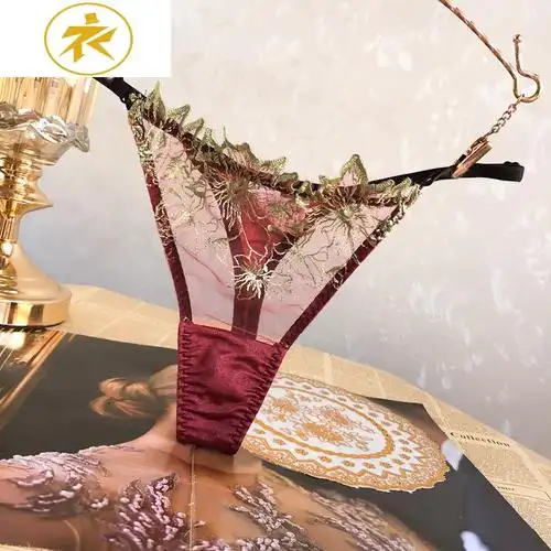 ideamini欧美网纱刺绣丁字裤女蕾丝女裤女性感可调节低腰迷人透视诱惑