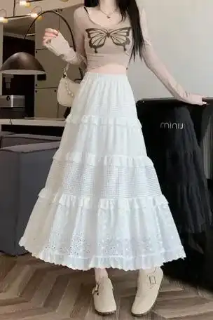 实拍~实价白色半身裙女高腰a字蛋糕裙温柔风长裙设计感钩花裙子 - 17