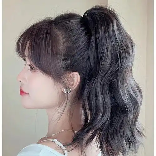 欧发真发马尾假发女长发真发网红抓夹式瀑布半扎高马尾短卷发辫子