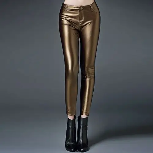 sile wei欧洲站2015新款秋冬涂层土豪金长裤金色皮裤1227