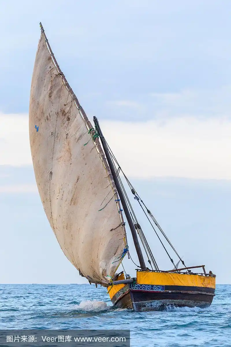 大型传统单桅帆船,在强风中扬起三角帆