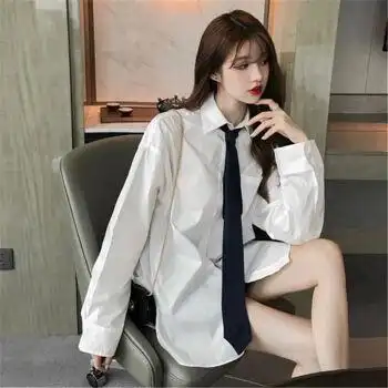 内搭外穿学生宽松jk领带性感秋季衬衣上衣女外套 白色衬衫 黑色领带 s