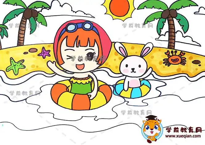 儿童游泳安全儿童画简单好看画法,以游泳安全为主题的绘画模板教程