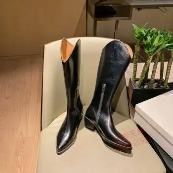 长筒靴女灰v口不过膝高筒长靴女尖头中白色骑士靴真皮西部牛仔靴子