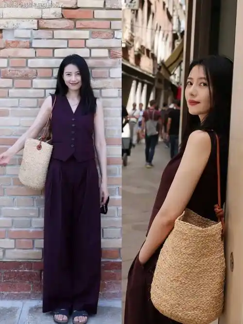 当然,也有人会喜欢深色系,那高圆圆这套酒红色的马甲搭配同色系阔腿裤