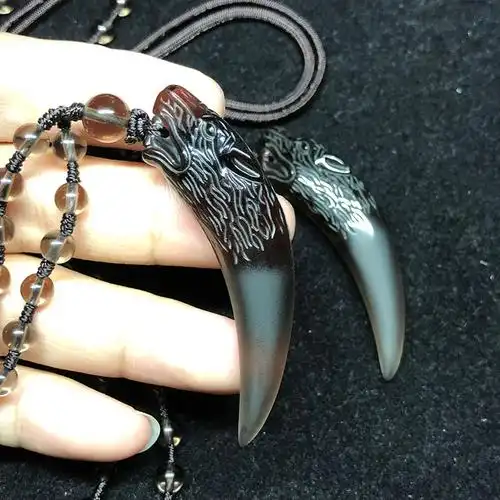 似卿冰种黑曜石狼牙吊坠男士女潮人个性牙齿情侣简约项链挂坠配棉绳