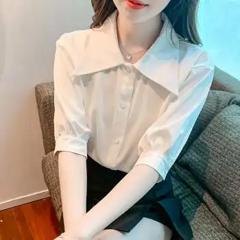 女生小姐姐夏天穿的衬衫潮流气质好看法式尖领衬衫女职业短袖雪纺工作