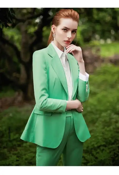 iwy时尚职业装女装清新绿色西服套装经典喇叭裤两件套修身正装cp9333