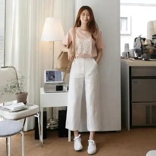 韩国夏季阔腿裤女薄款九分2018高腰显瘦棉麻白色松紧腰亚麻休闲裤