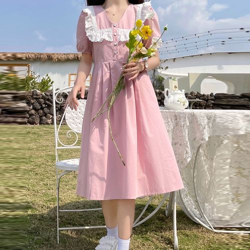 短袖纯棉连衣裙女夏季新款日系初高中学生少女学院风过膝公主裙子