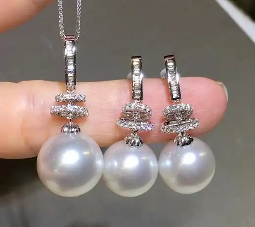 天然澳白珍珠套装18k金钻石重金精工镶嵌珠子正圆强光微瑕非常大气上