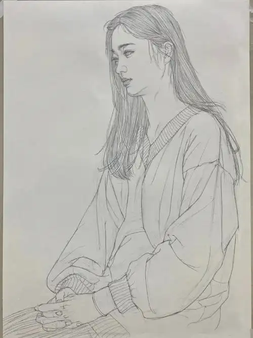 国画工笔人物线描写生长发少女侧身像73