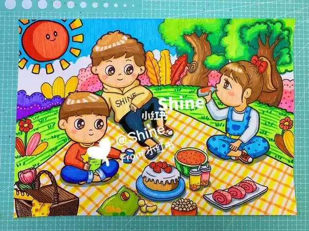 幼师考编小朋友和爸爸去户外野炊烧烤的简笔画图片一家人去野餐简适