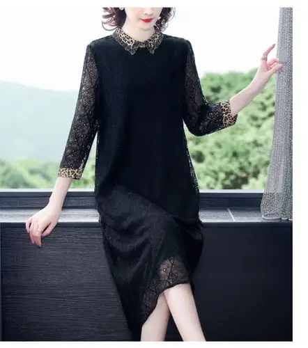 声雨竹品牌女装专柜正品同款豹纹蕾丝连衣裙女春秋长袖高端洋气名媛